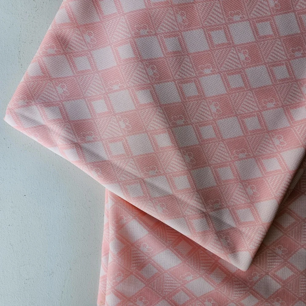 1970s Vintage Light Salmon Pink Cream Flower Power Diagonal Geometric Fabric #53